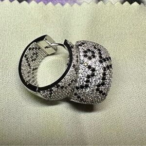 18K White Gold/ Rhodium Plated Leopard Print Pave Huggie Hoop Earrings w/ Zircon